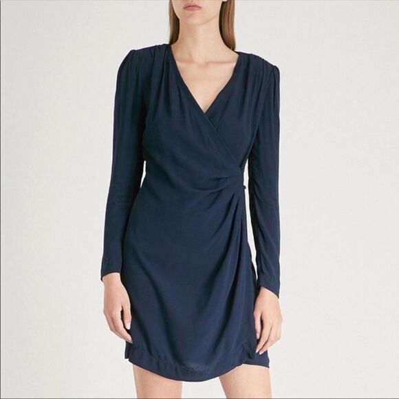 ✨HP✨Renie V-neck Long-sleeve Wrap In Navy Blue Viscose Short Casual Dress✨ - Picture 1 of 12